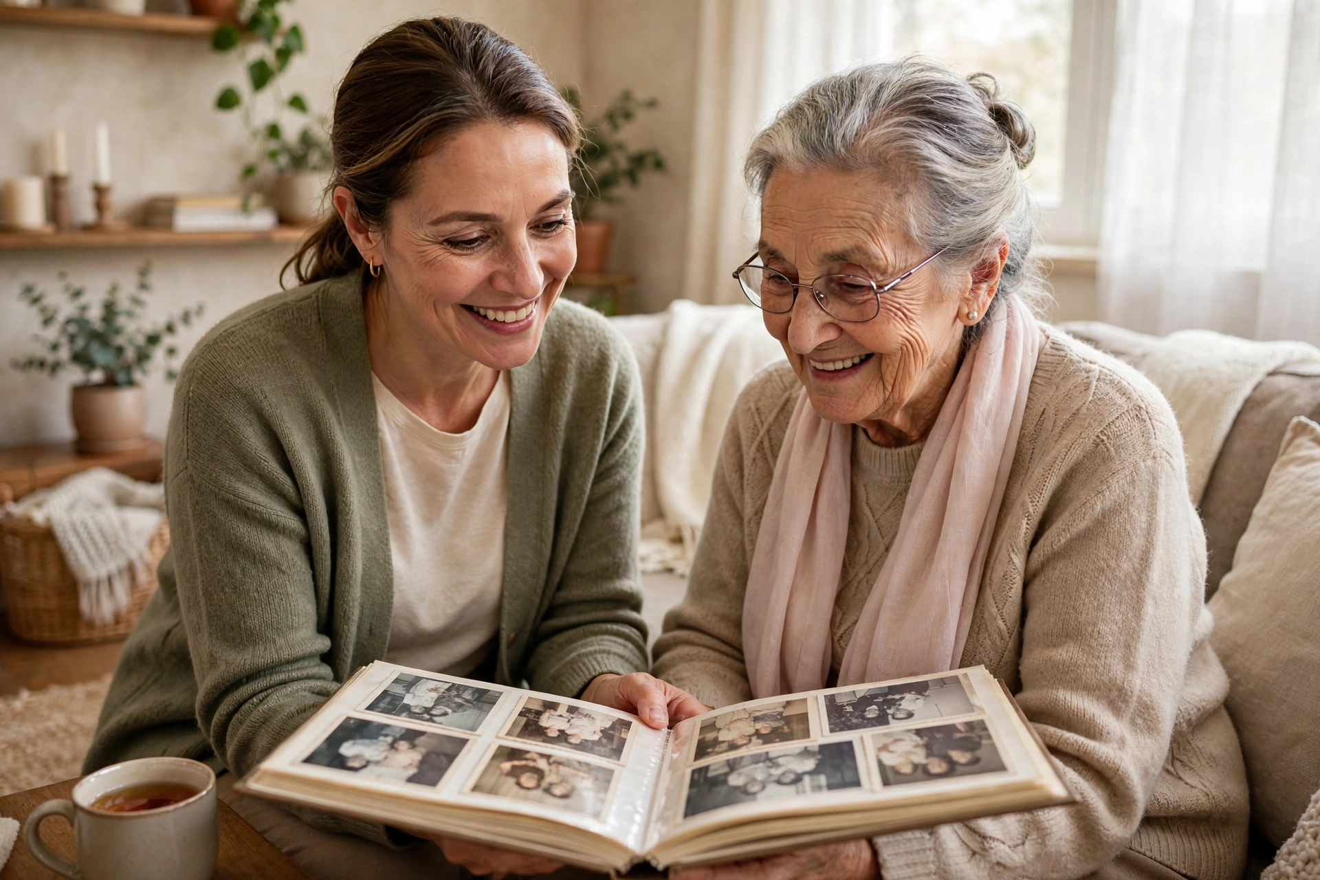 Caregiver providing companionship to a senior client at home in Roswell, Georgia