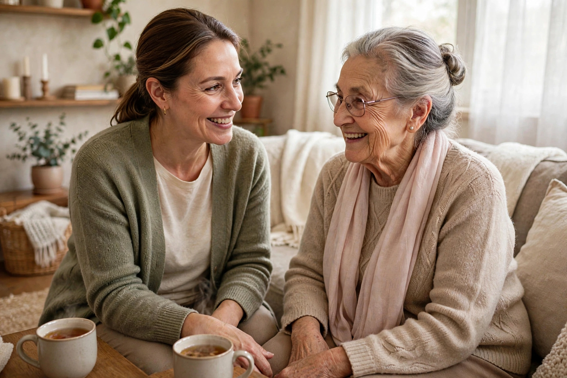 Caregiver providing companionship to a senior client at home in Alpharetta, Georgia