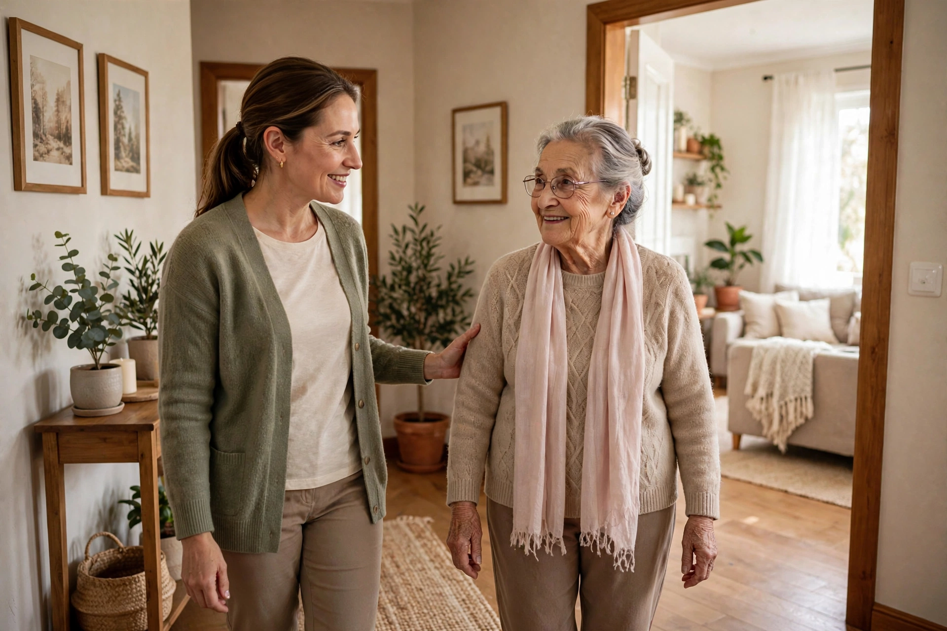 Caregiver walking with a senior client at home in Sandy Springs, Georgia