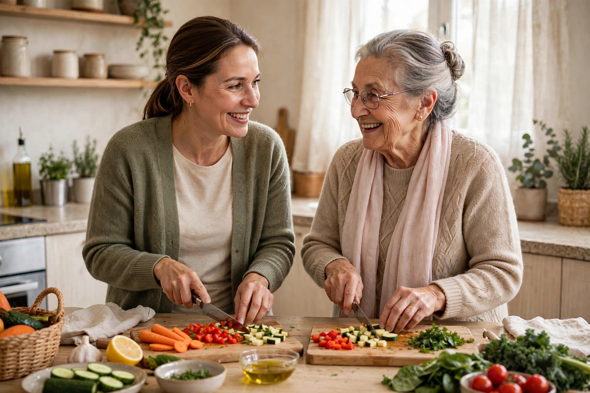 Caregiver preparing a meal with a senior client at home in Dunwoody, Georgia