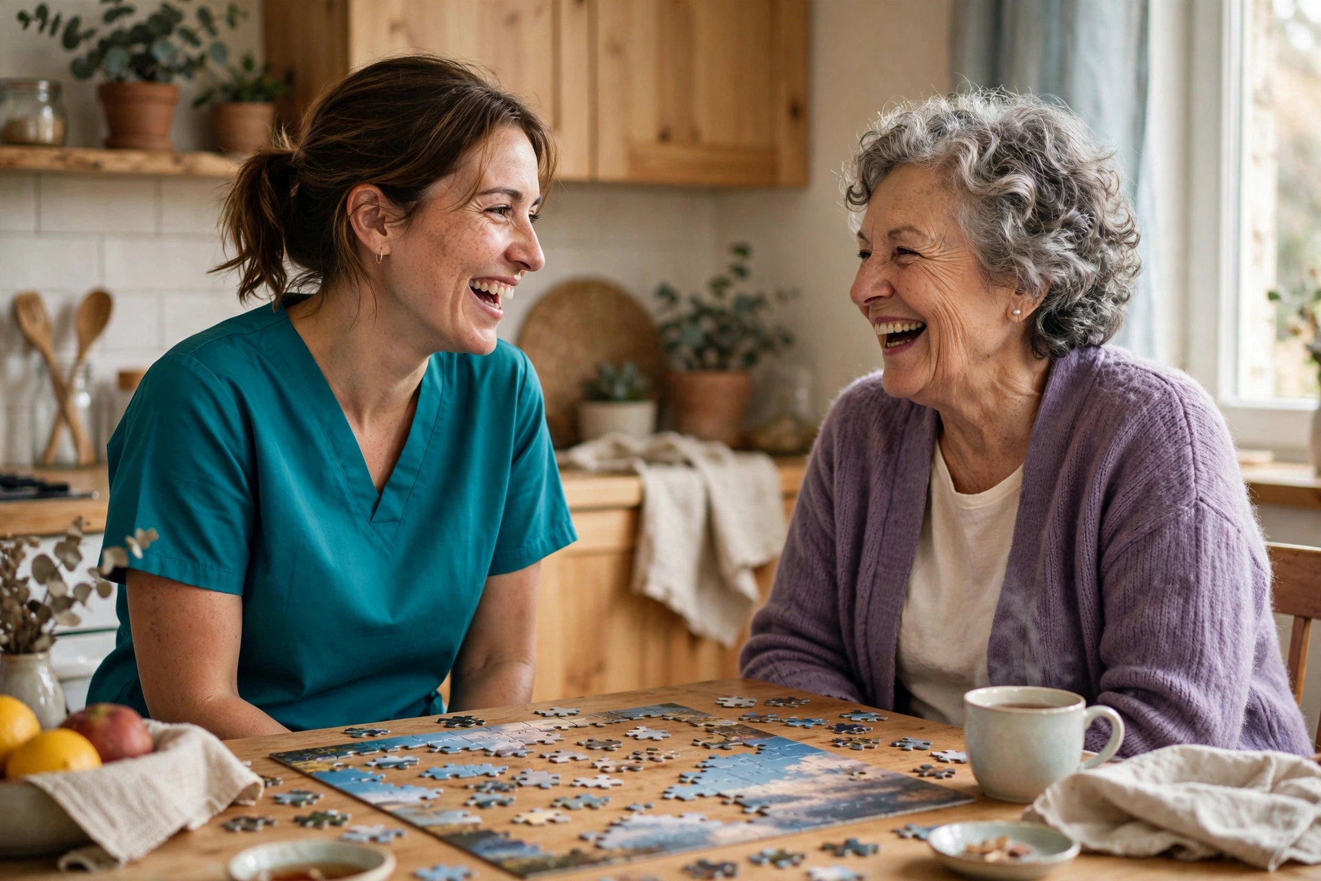 Caregiver sharing a laugh with a senior client over a puzzle in Duluth, Georgia