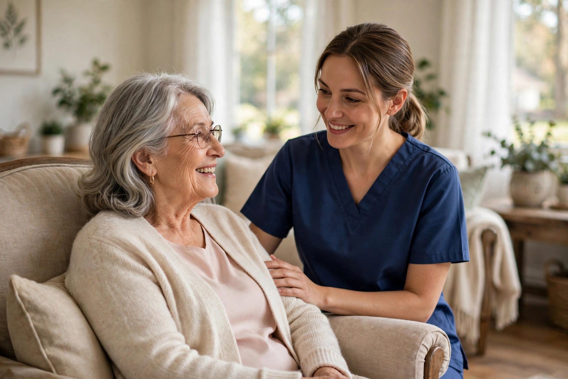 Post-hospital caregiver in plain scrubs helping a senior settle in at home in Roswell, Georgia