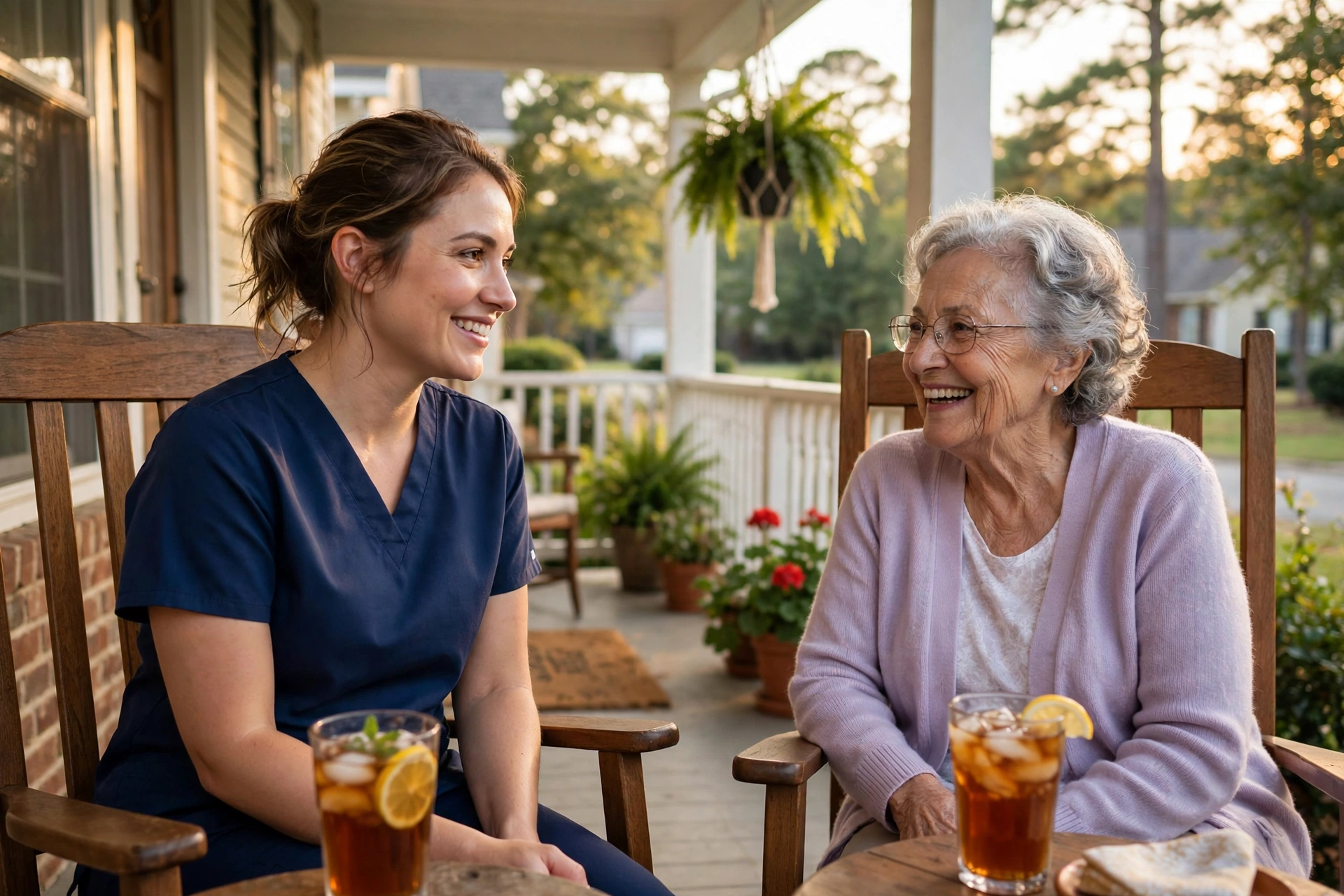 Caregiver chatting with a senior woman on the porch of a suburban Cumming, Georgia home