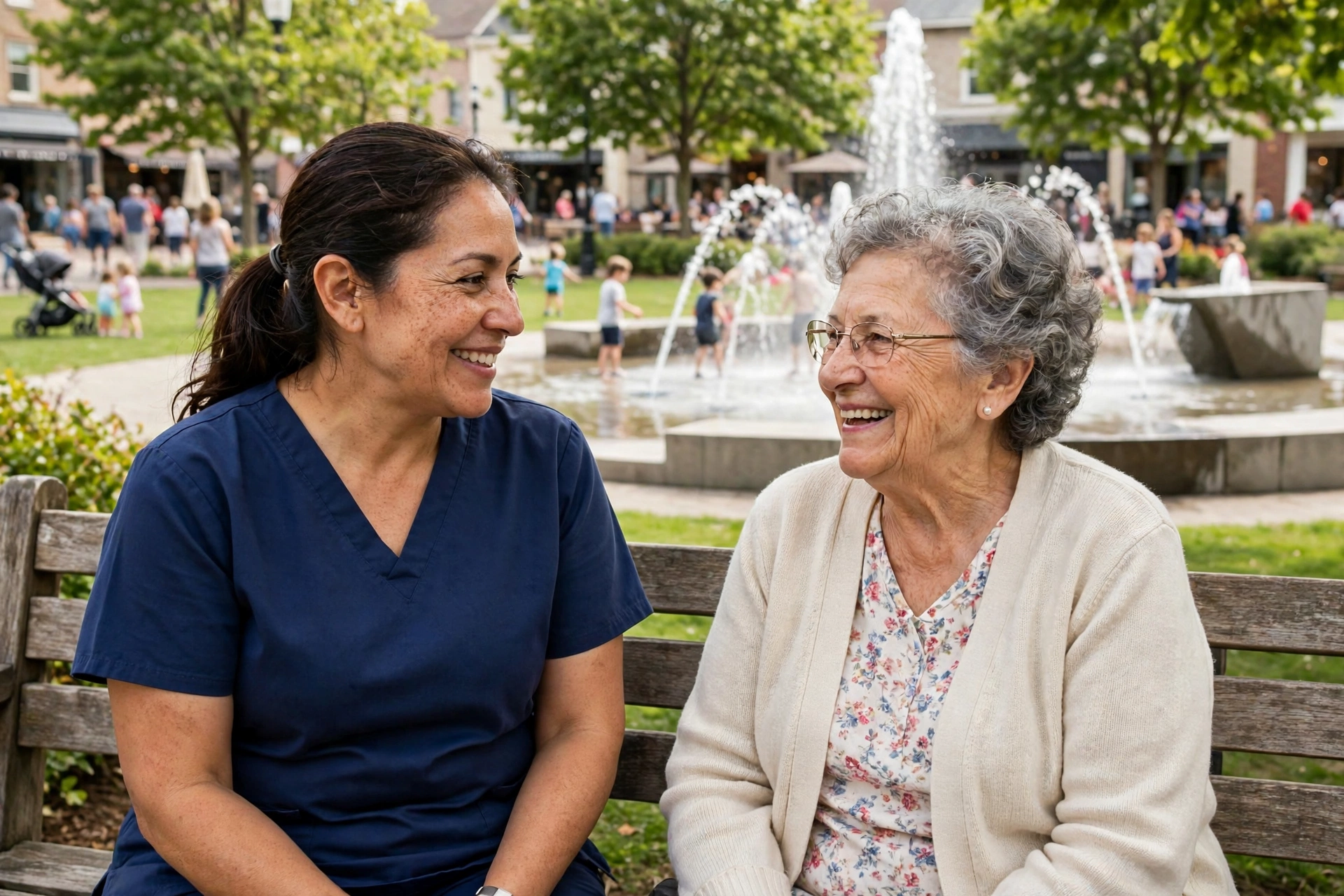 Caregiver sitting with a senior woman on a bench at Town Center Park near the fountain in Suwanee, Georgia