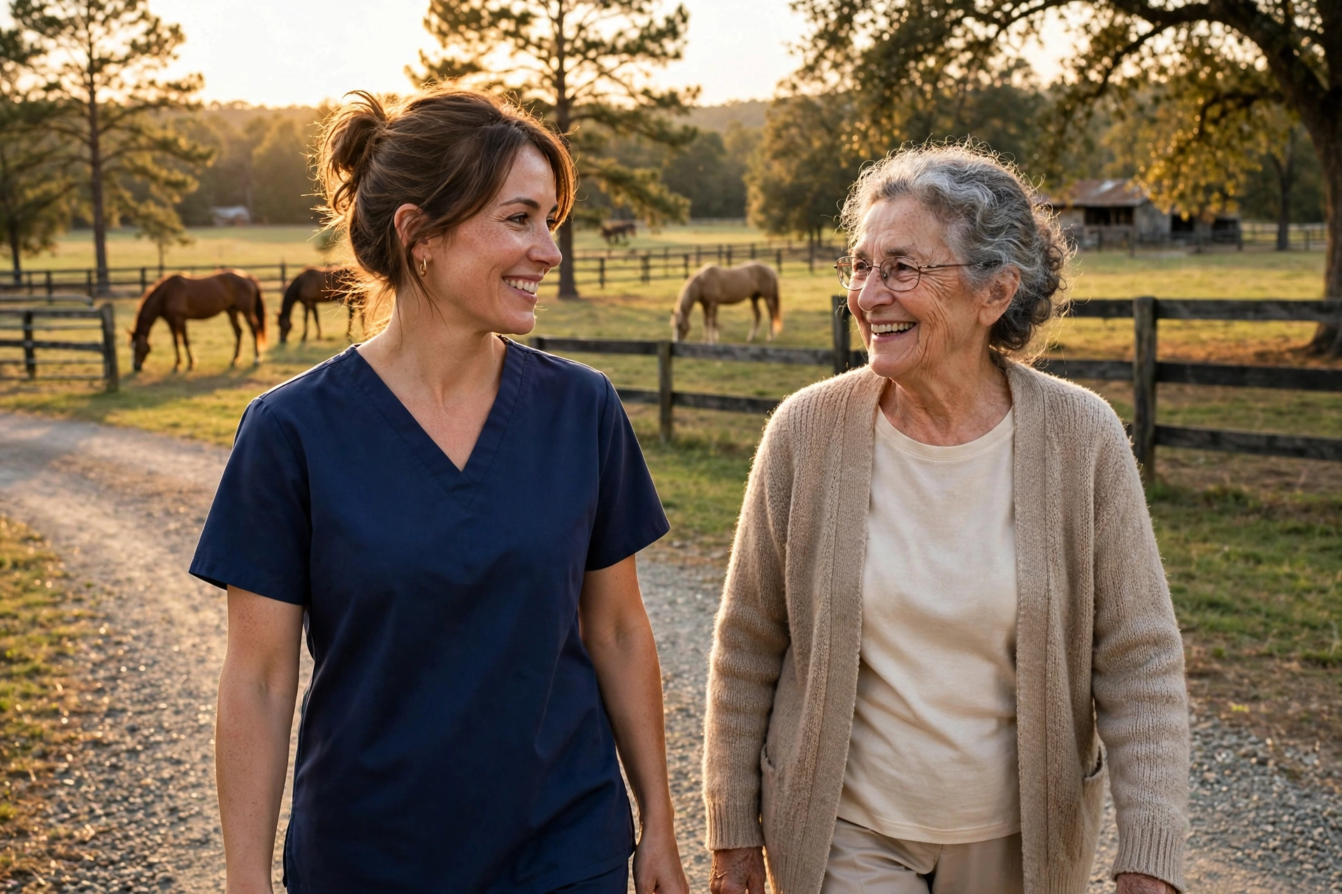 Caregiver walking with a senior woman on an equestrian property with horses grazing in Milton, Georgia