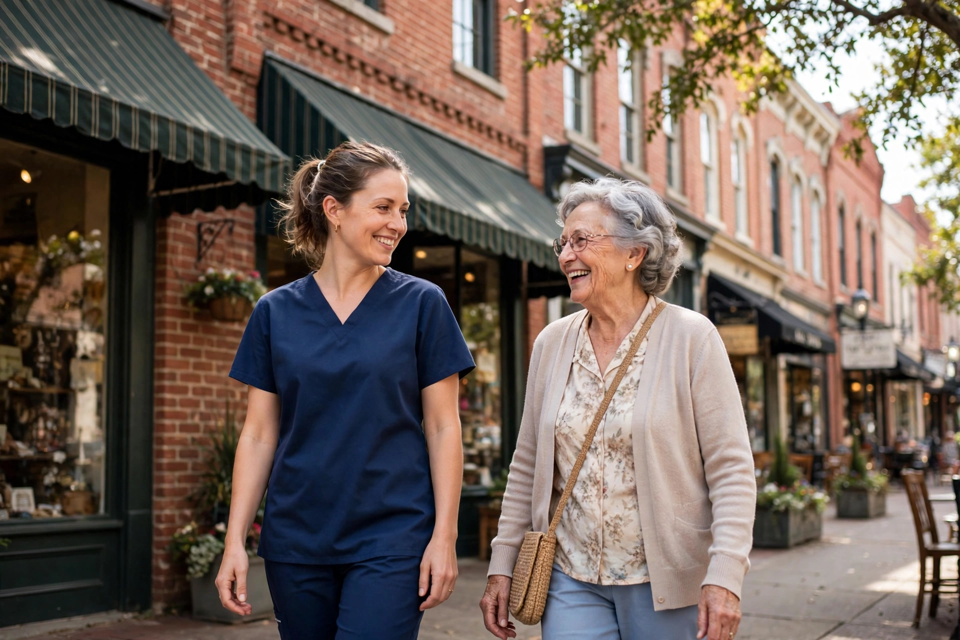 Caregiver walking with a senior woman on a downtown Norcross street with historic brick storefronts in Georgia