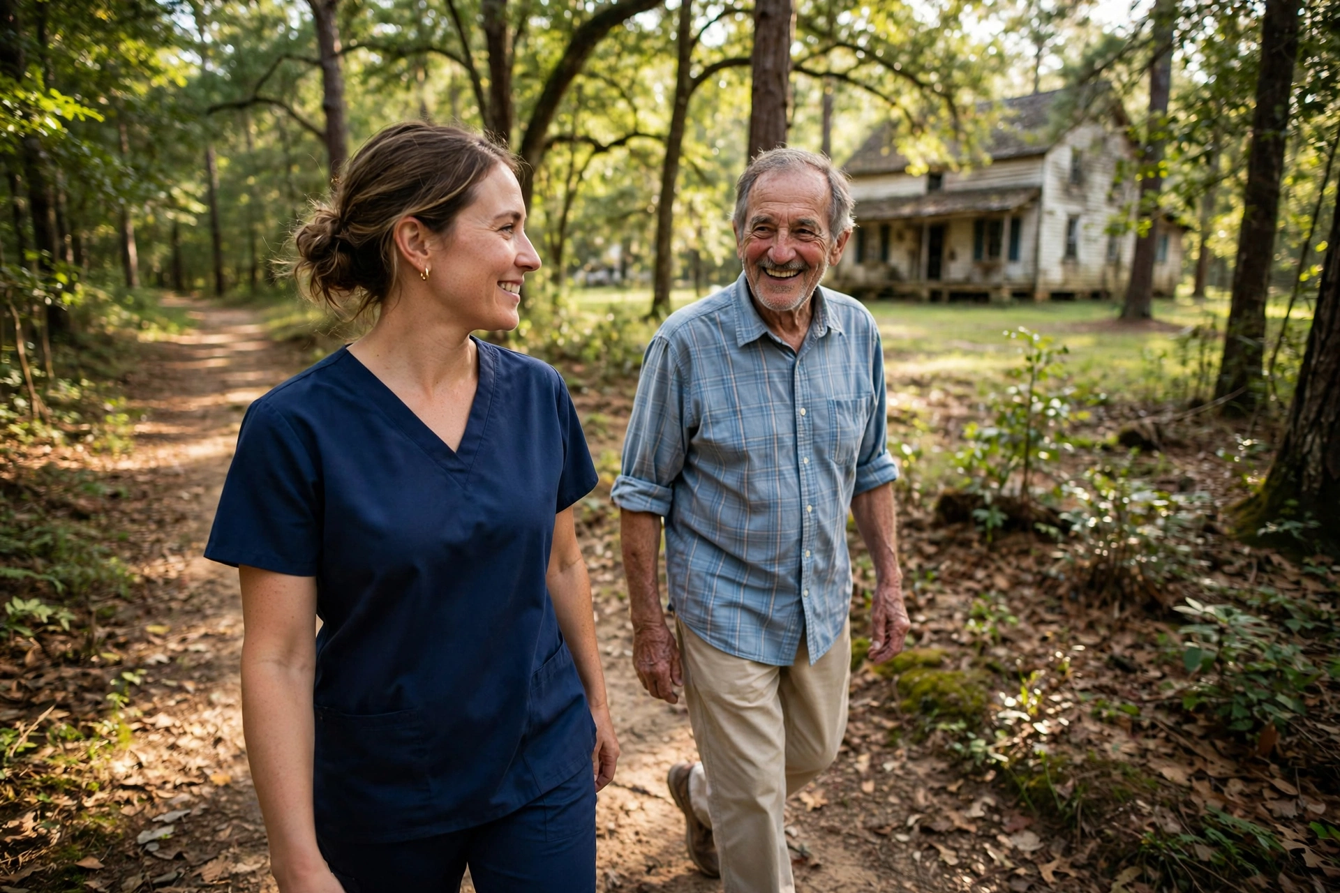 Caregiver walking with a senior man on a wooded trail with a historic farmstead at Autrey Mill in Johns Creek, Georgia