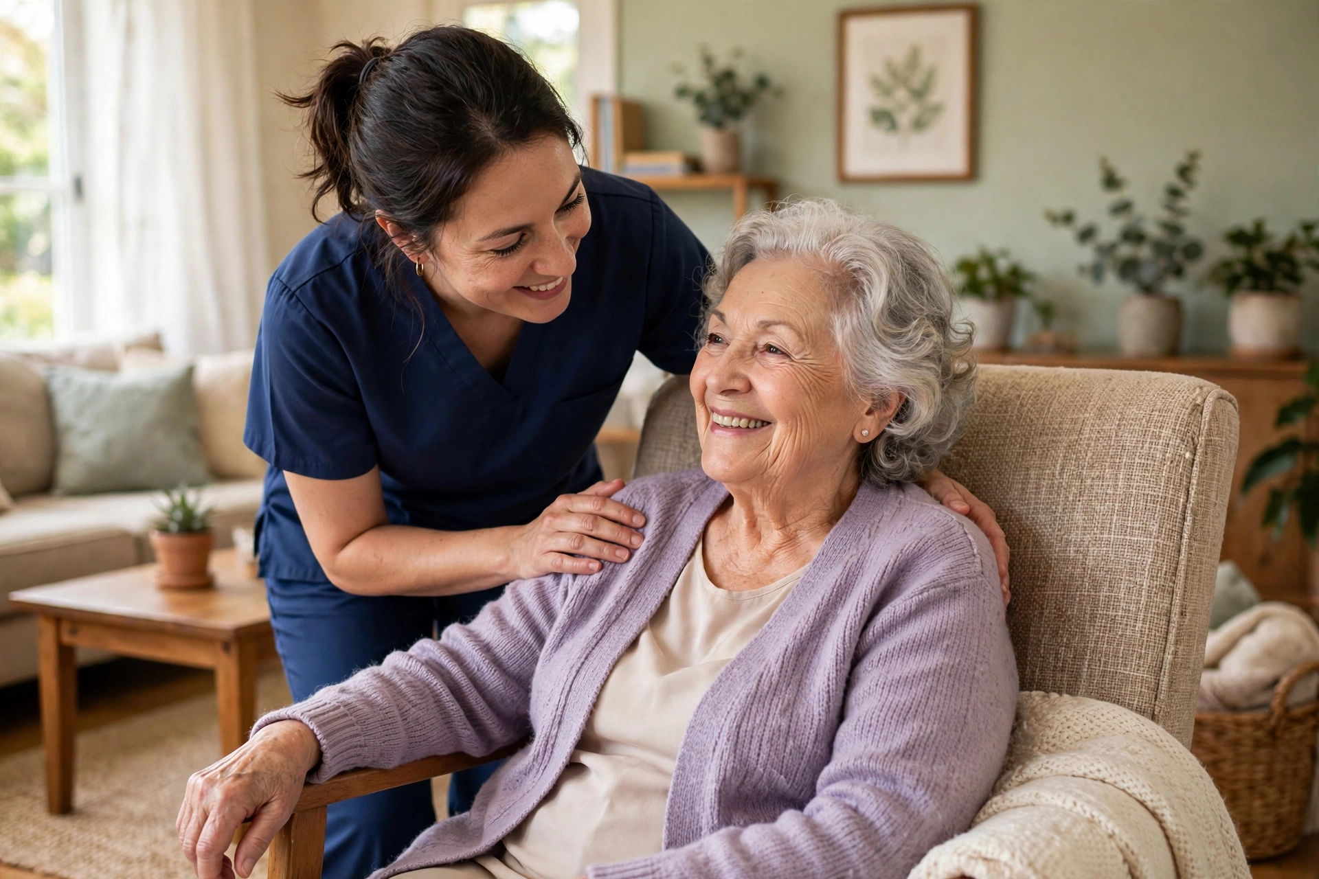 Post-hospital caregiver in plain scrubs helping a senior settle in at home in Alpharetta, Georgia