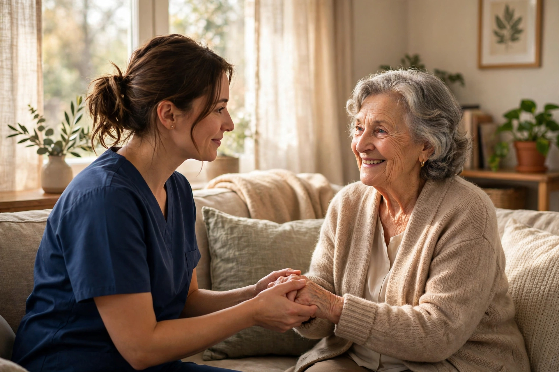 Dementia caregiver in plain scrubs sitting patiently with a senior in a calm living room in Alpharetta, Georgia
