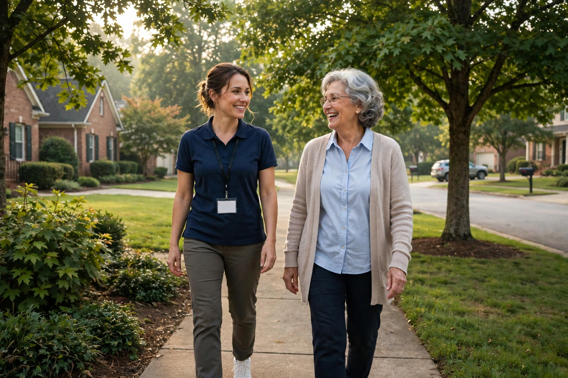 Caregiver walking with a senior woman on a tree-lined sidewalk in a Suwanee, Georgia neighborhood