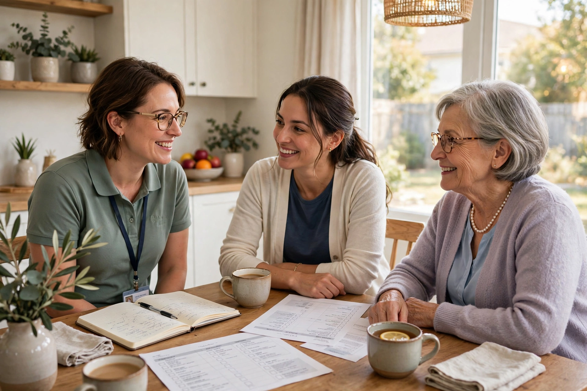 Home care advisor in friendly consultation with an adult daughter and her senior mother at a kitchen table