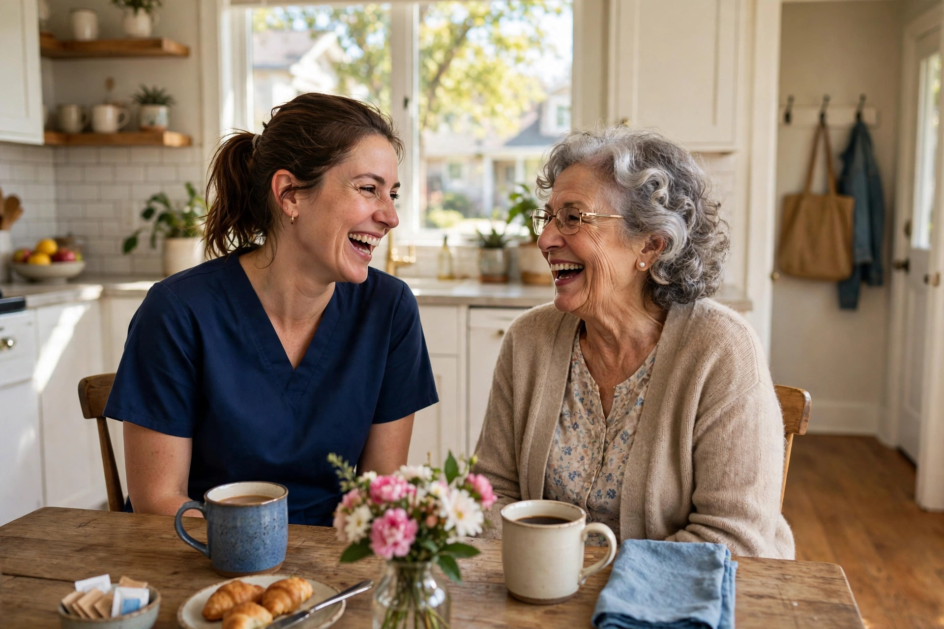 Caregiver in plain scrubs laughing with a senior client over coffee at a sunny kitchen table in Alpharetta, Georgia