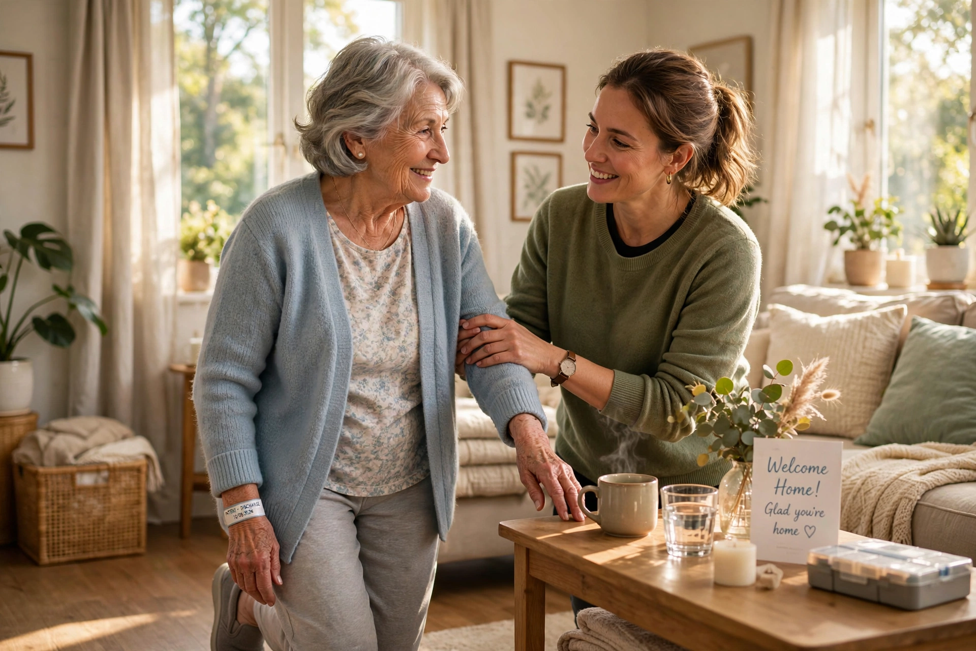 Caregiver steadying a senior's arm in a warm, sunlit home after surgery, with a pill organizer and a 'Welcome Home!' card nearby