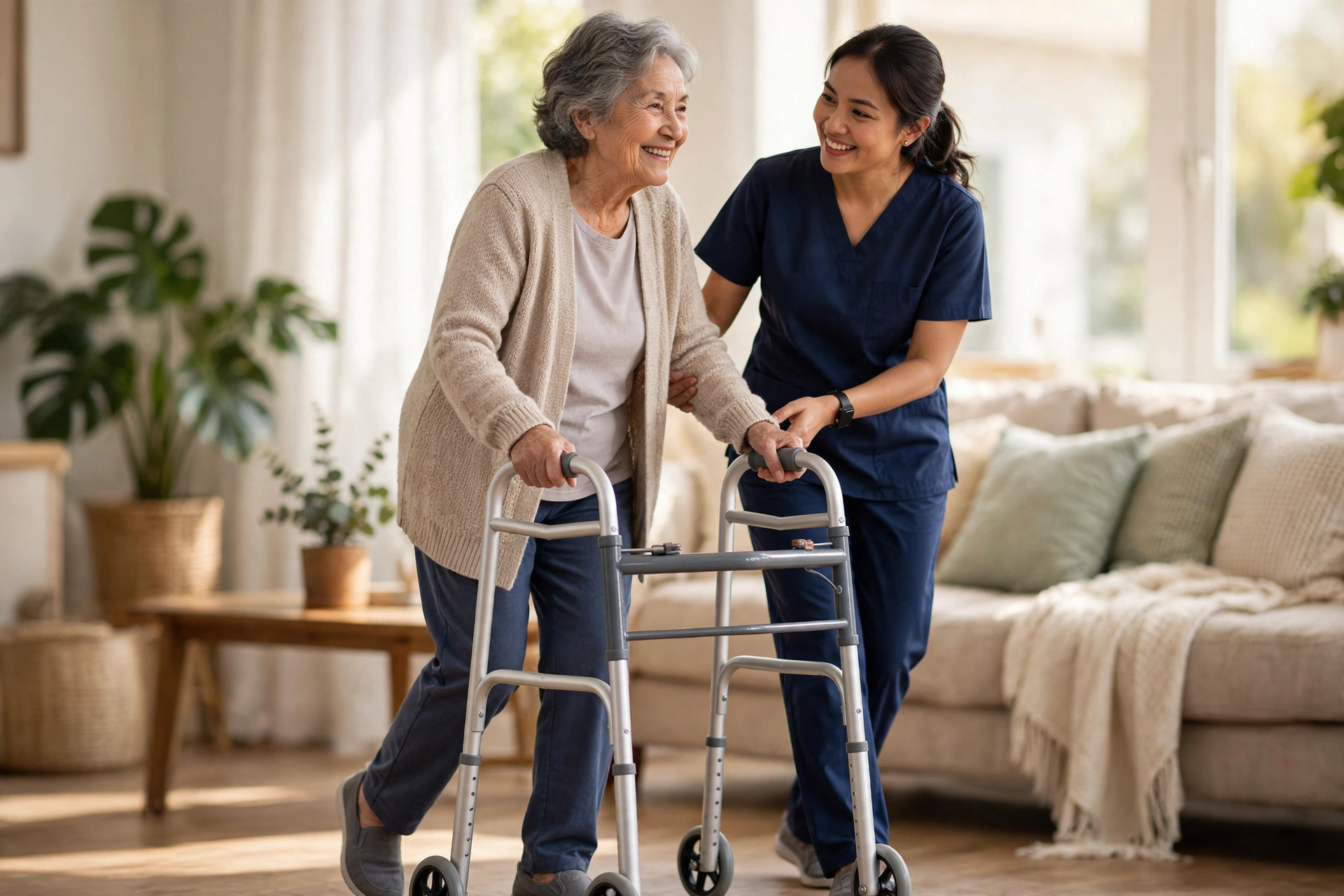 Caregiver in navy scrubs assisting a smiling senior woman using a walker in a bright living room as she recovers at home