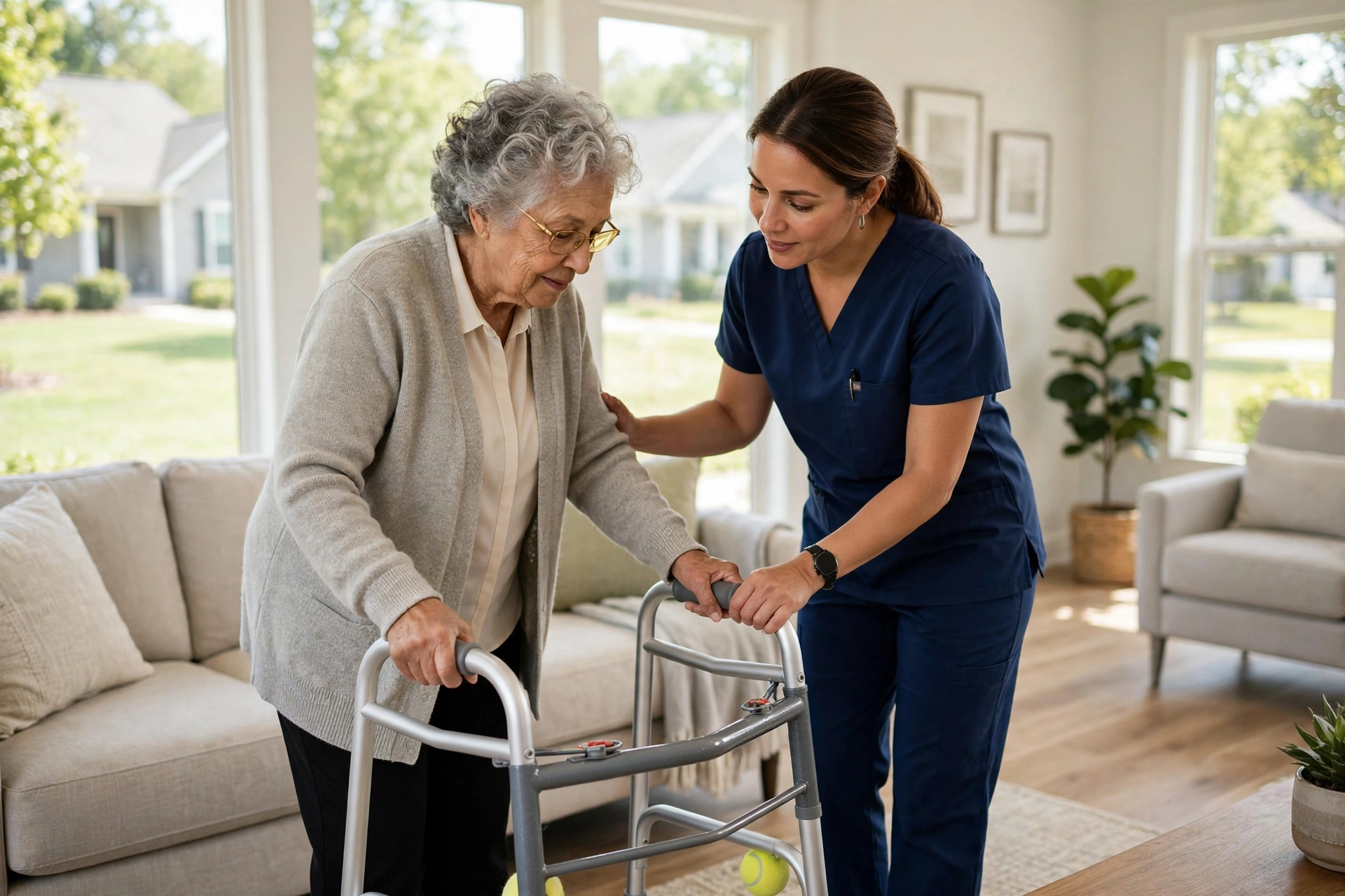 Caregiver assisting a senior with a walker in a bright suburban Atlanta home in Duluth, Georgia