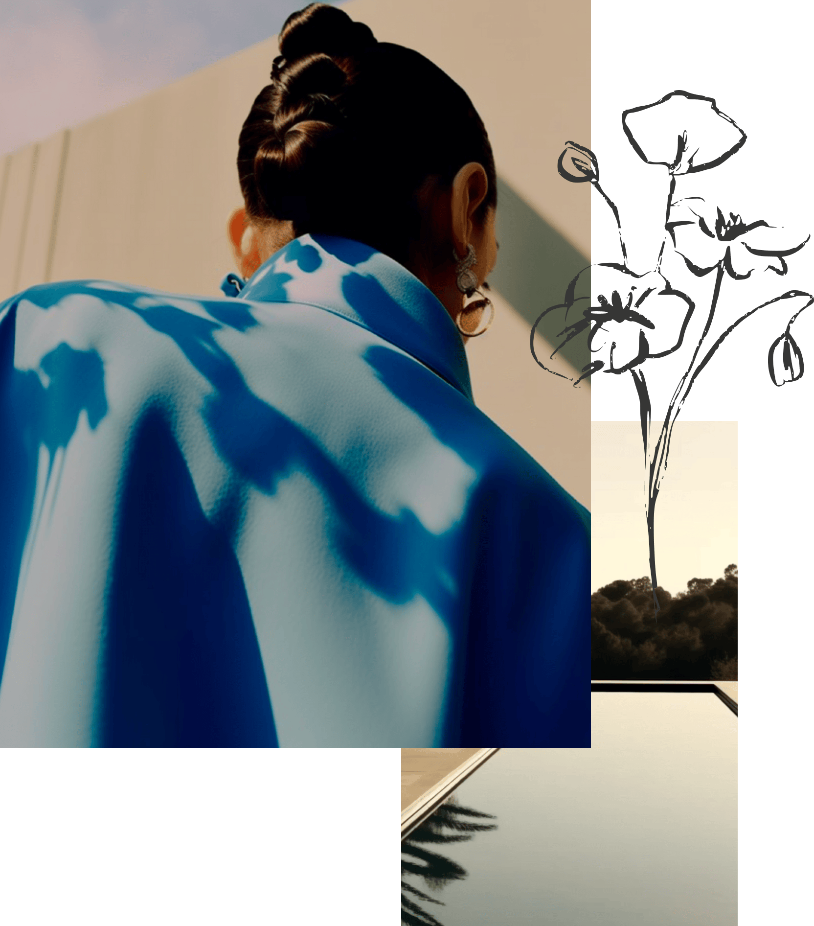 Abstract composition featuring a person in a blue coat and a flower illustration.