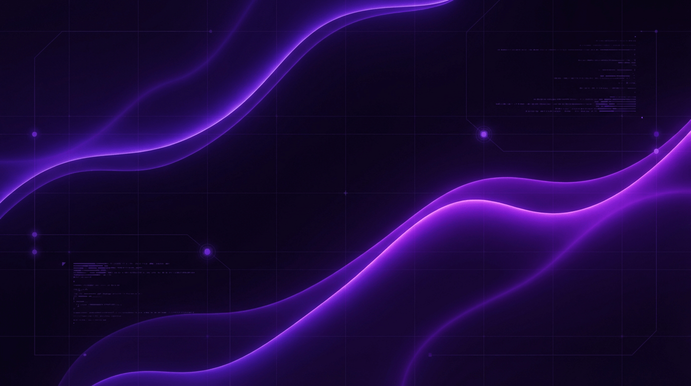 Abstract dark background with glowing purple waves and faint digital grid and code elements.