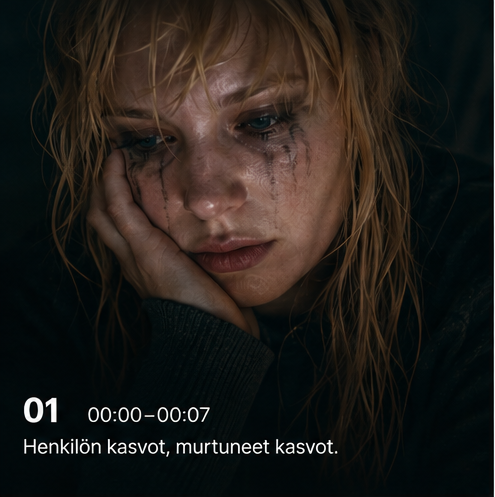 00:00–00:07 henkilö, murtuneet kasvot
