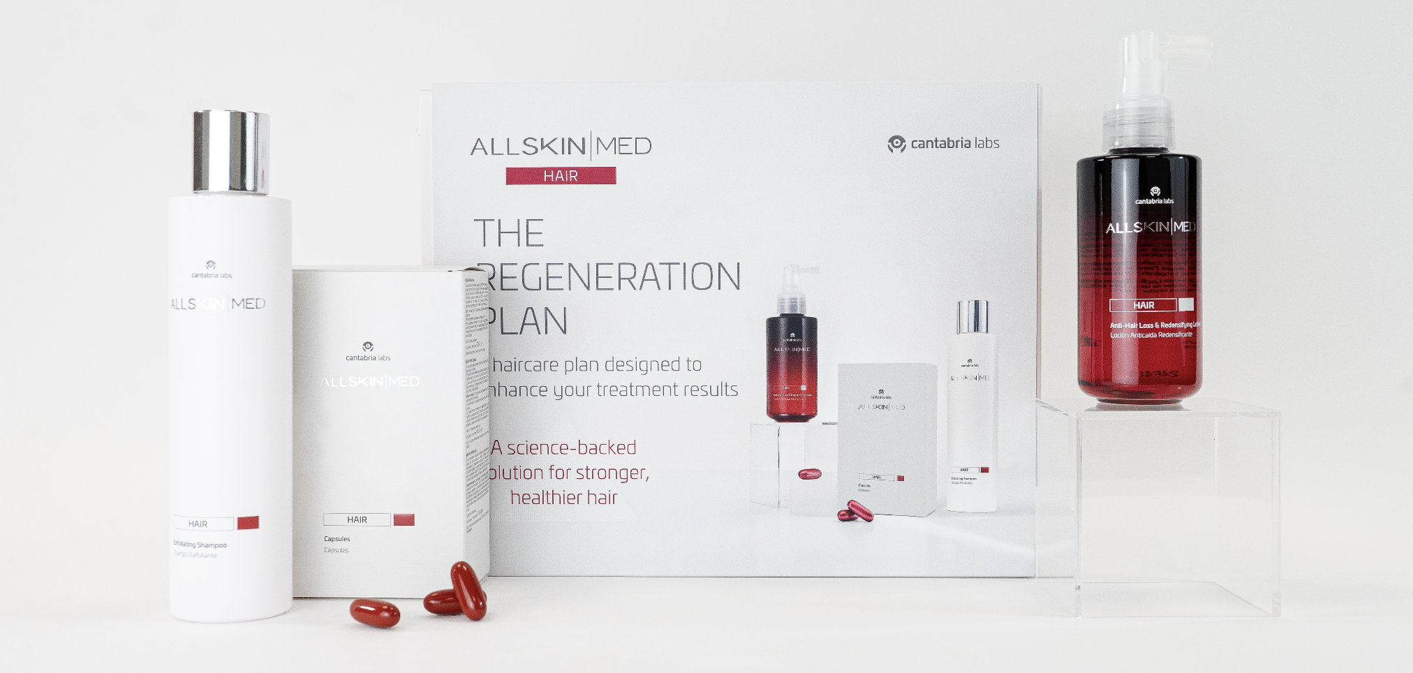 AllSkin Med Hair Regeneration Plan products including revitalizing shampoo, capsules, and anti-hair loss lotion displayed with packaging.