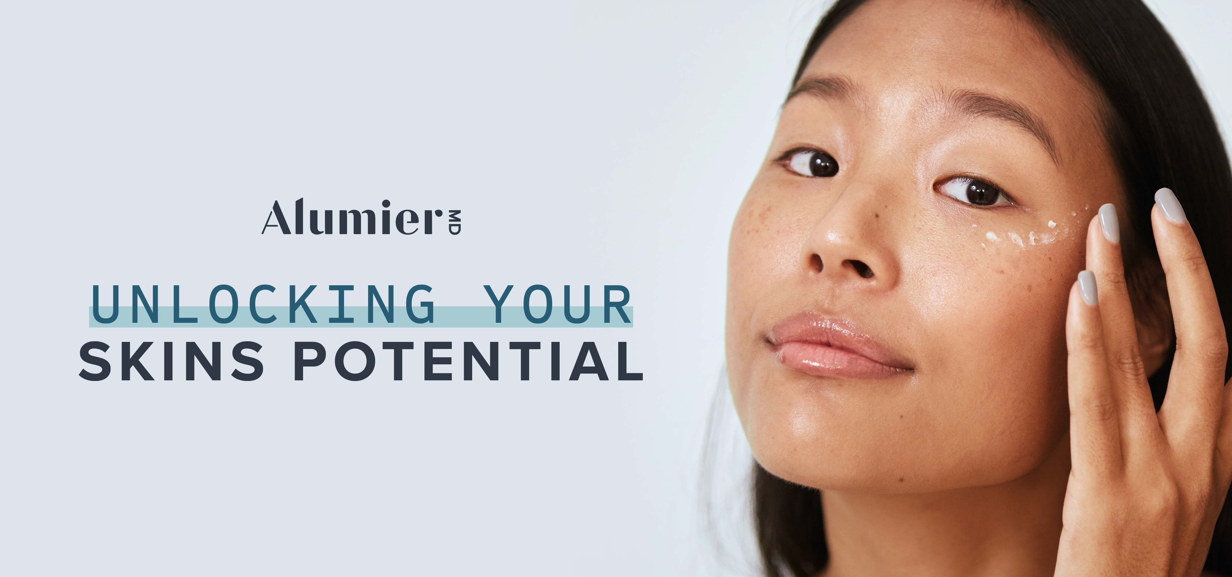 Woman applying cream to her cheek with text 'Unlocking Your Skin's Potential' and AlumierMD logo.