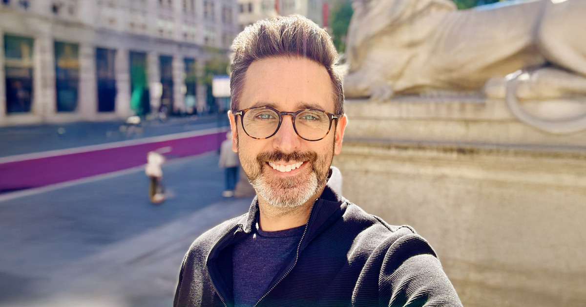 Adam Jennings outside the New York Public Library