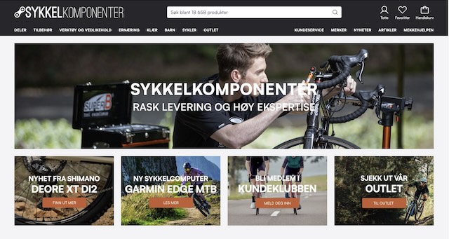 Screenshot av sykkelkomponenter hemsida
