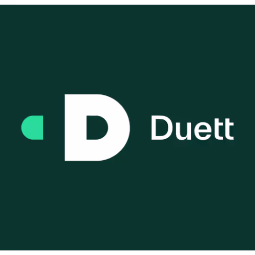 Duett-logo med et grønt og hvitt ikon på mørk bakgrunn.