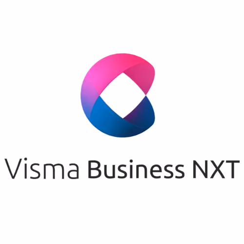Logo for Visma Business NXT with a gradient pink and blue abstract circular shape above the text.
