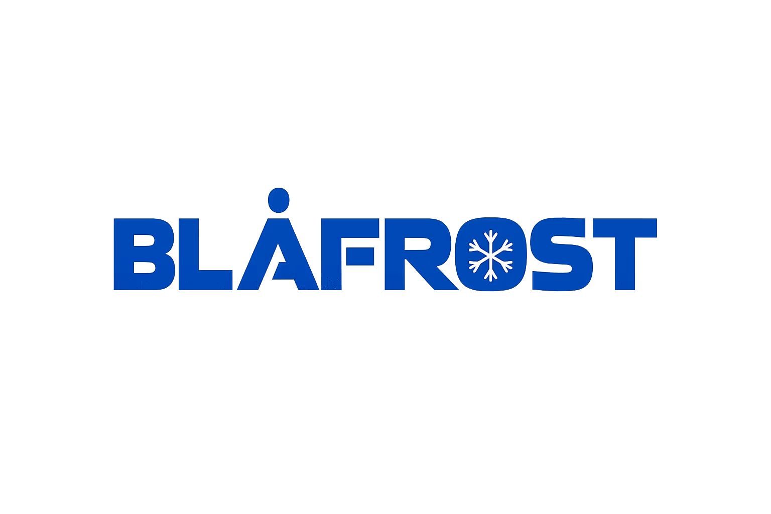 Teksten 'BLÅFROST' i blått med en snøkrystall som O-en, på en mørk bakgrunn.