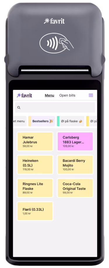Betalingsenhet med berøringsikon og skjerm som viser bestselgende drikker og priser i norske kroner.
