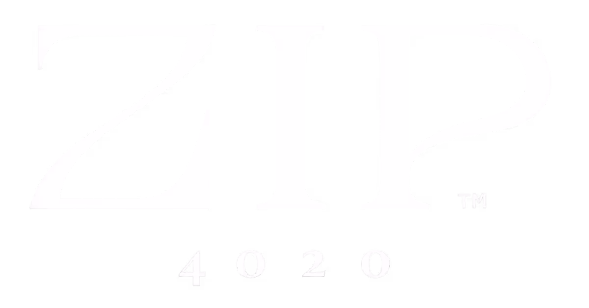 Logoen til ZIP 4020 med store hvite bokstaver på svart bakgrunn.