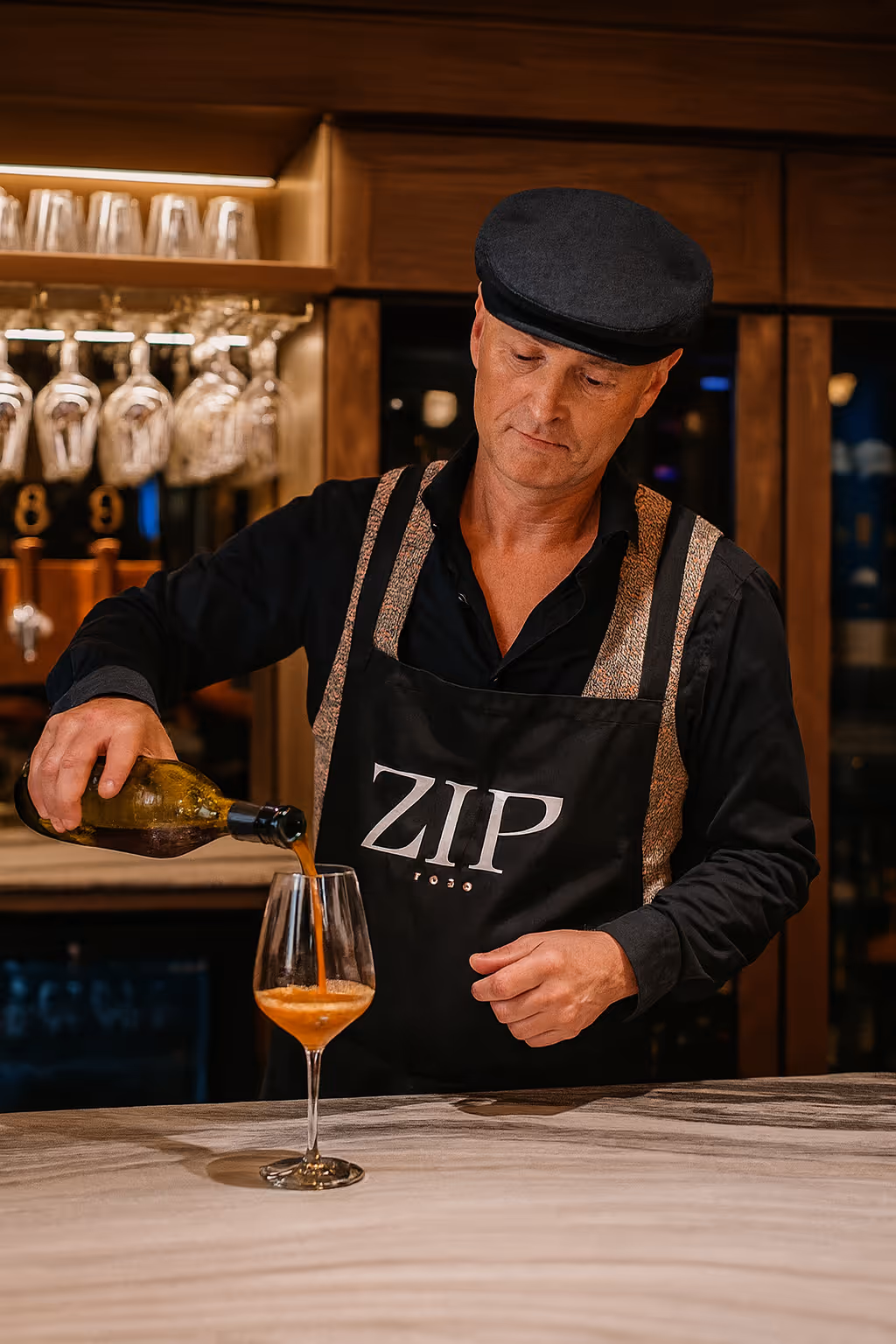 Bartender in black shirt and cap pouring an amber drink into a wine glass at a bar.