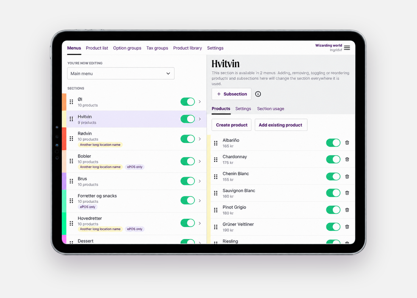 Favrit-kassen på iPad med menyen til venstre
