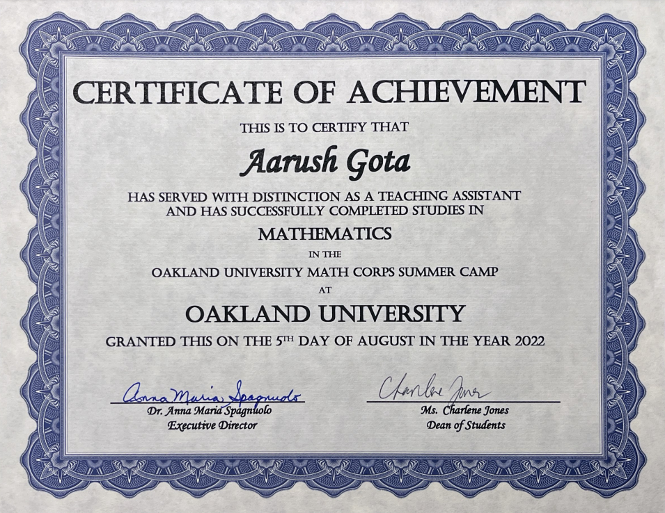 Math Corps Certificate