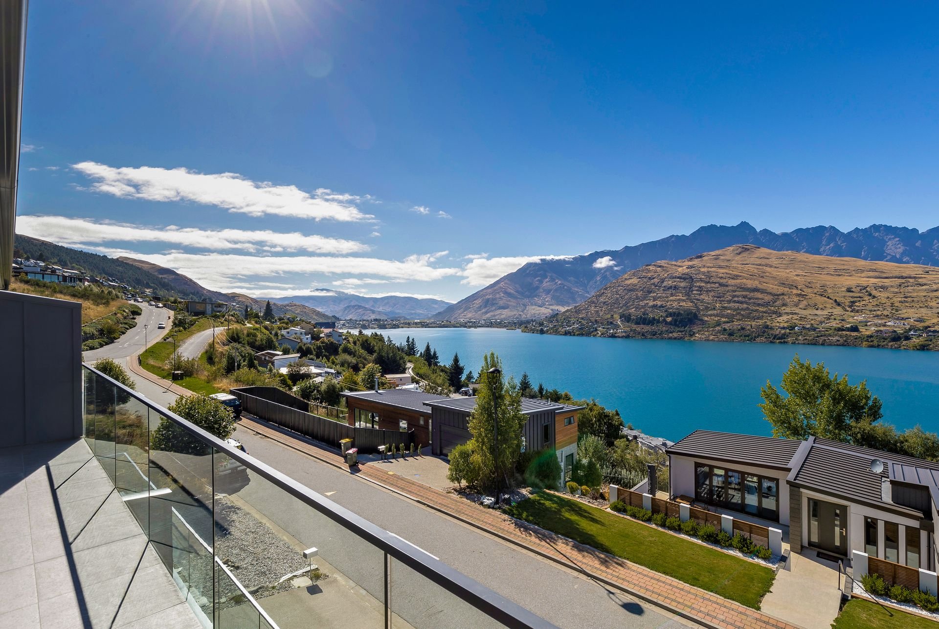 View over Lake Whakatipu and the Remarkables from the balcony at Cecil Peak House, Queenstown