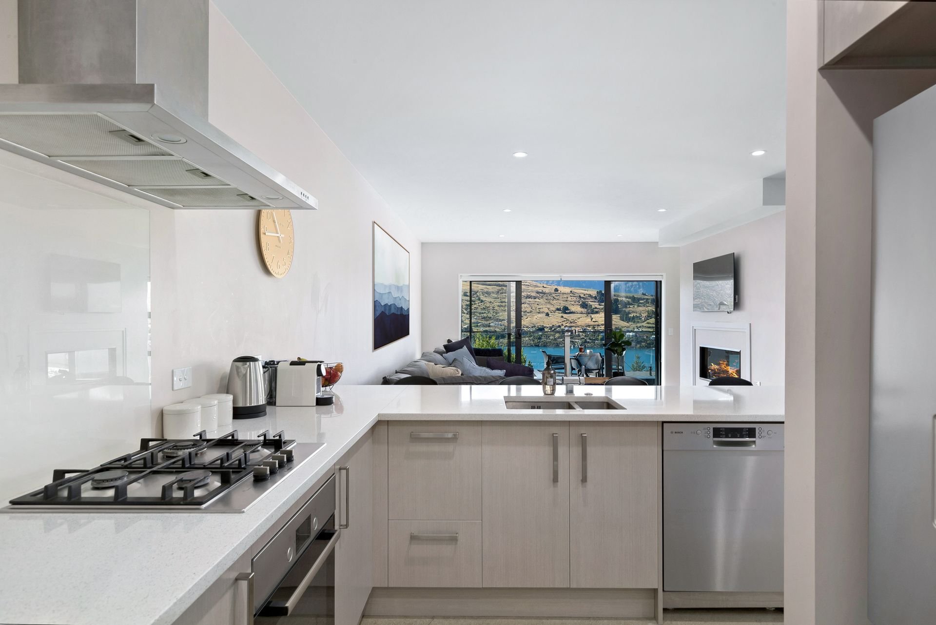 Fully equipped kitchen with gas hob at Cecil Peak House, Queenstown