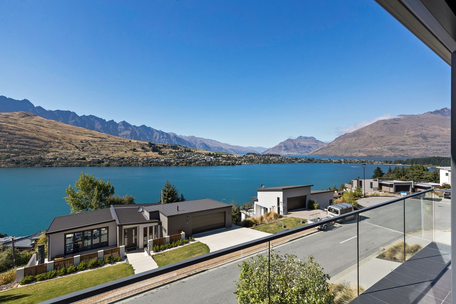 Lake Whakatipu and mountain panorama from the balcony at Cecil Peak House, Queenstown