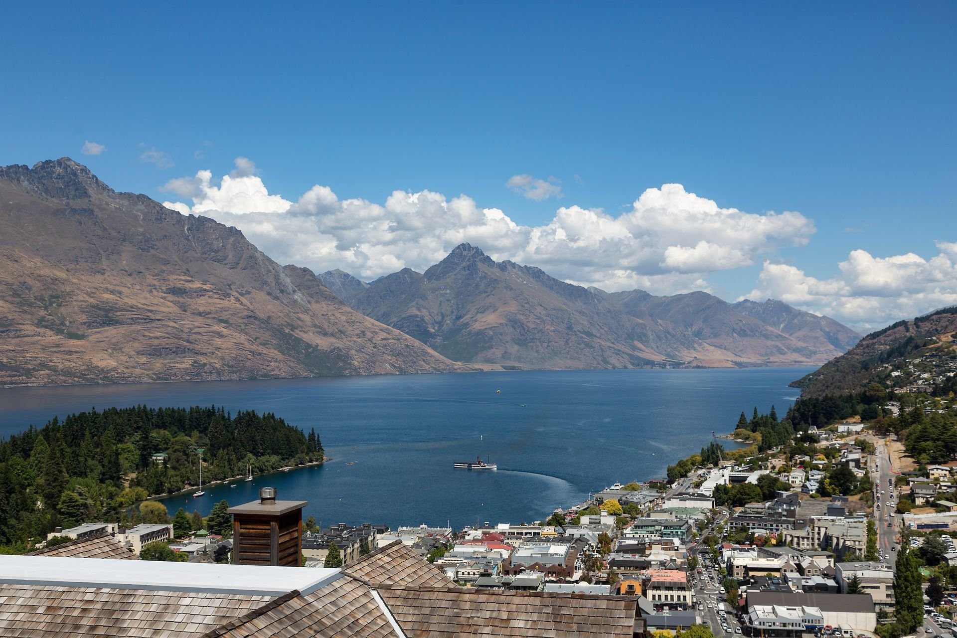 Elevated view over Queenstown and Lake Whakatipu at Karamata, Queenstown