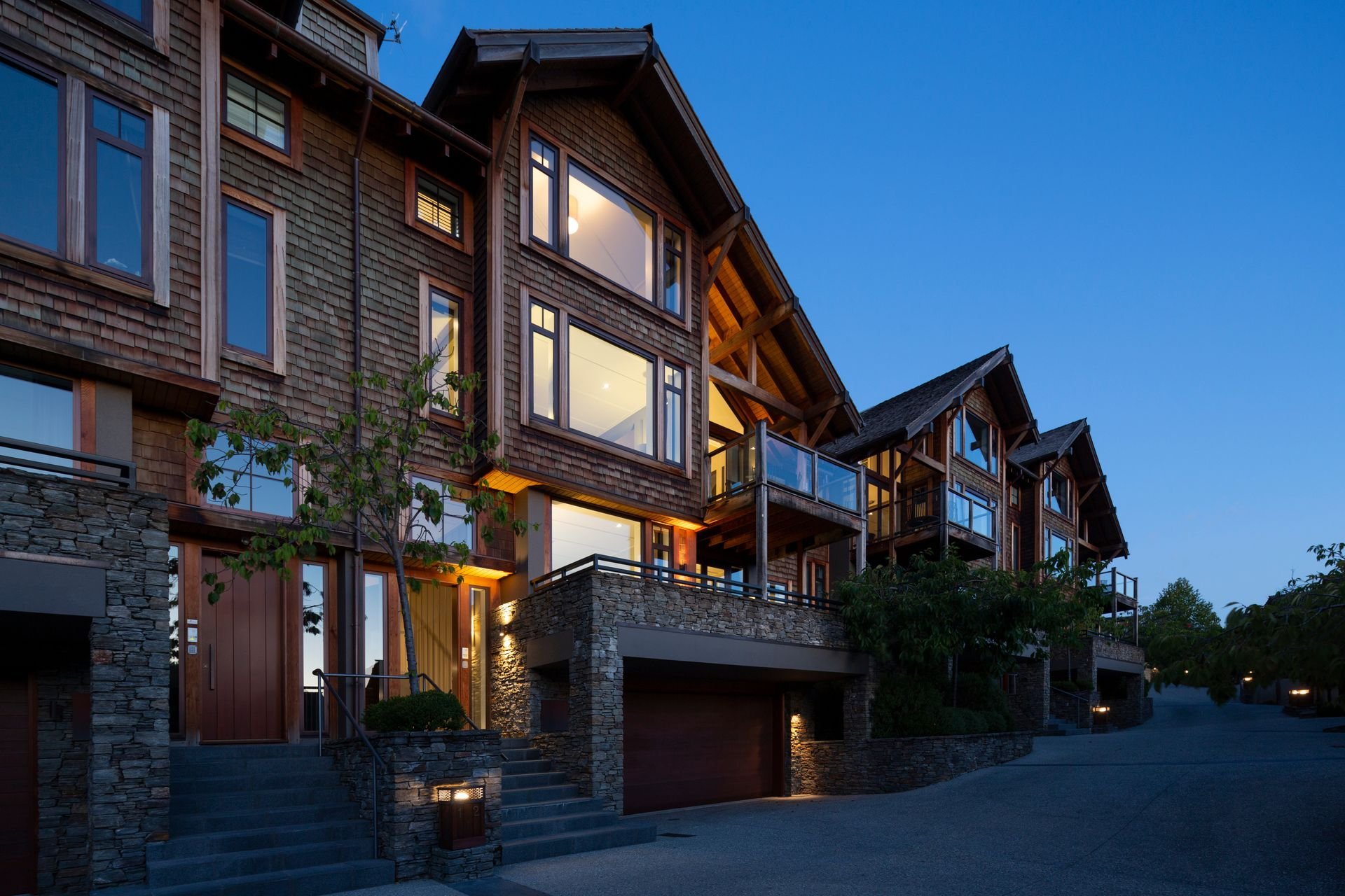 Exterior of the villa at dusk at Karamata, Queenstown