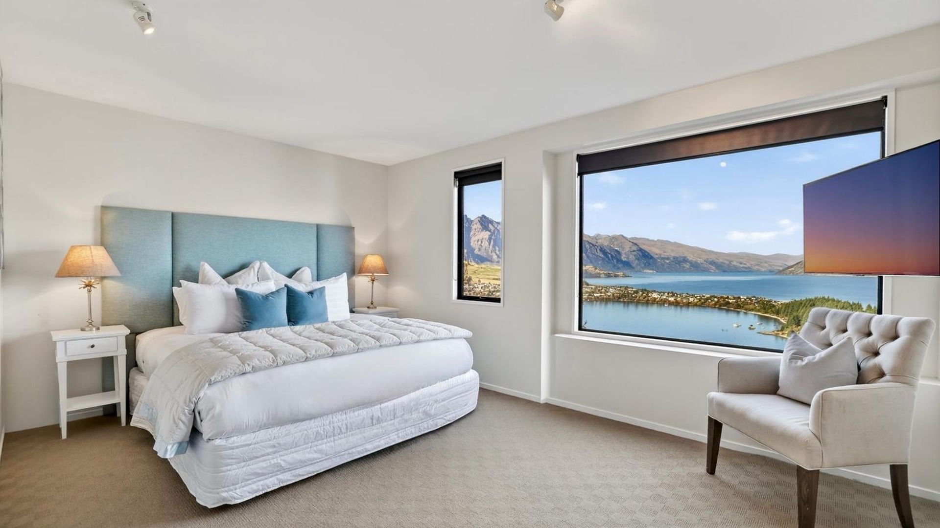 Master bedroom with lake views at Edinburgh Heights, Queenstown