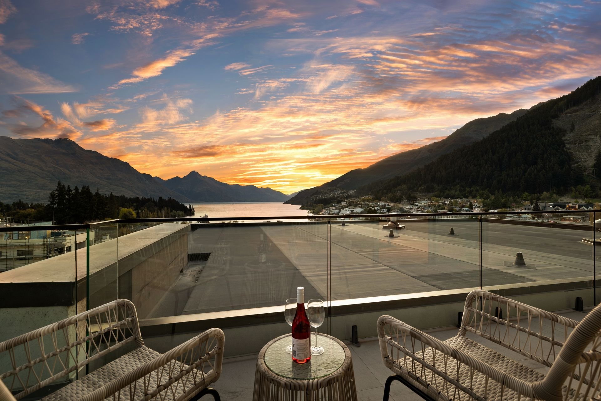 Sunset over Lake Whakatipu from the balcony at Sunset Views, Queenstown
