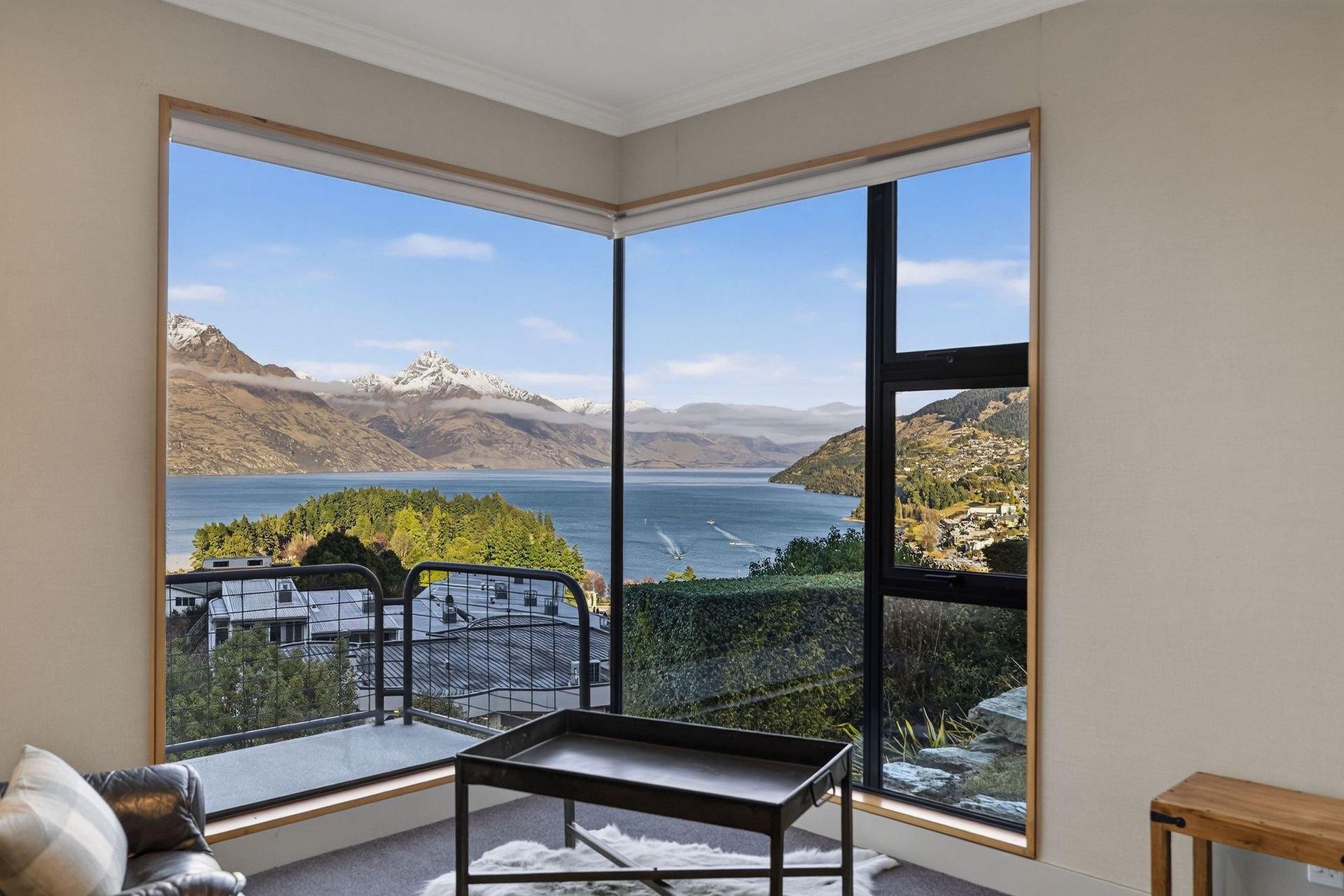 Corner window looking over the lake at Alpine Haven, Queenstown