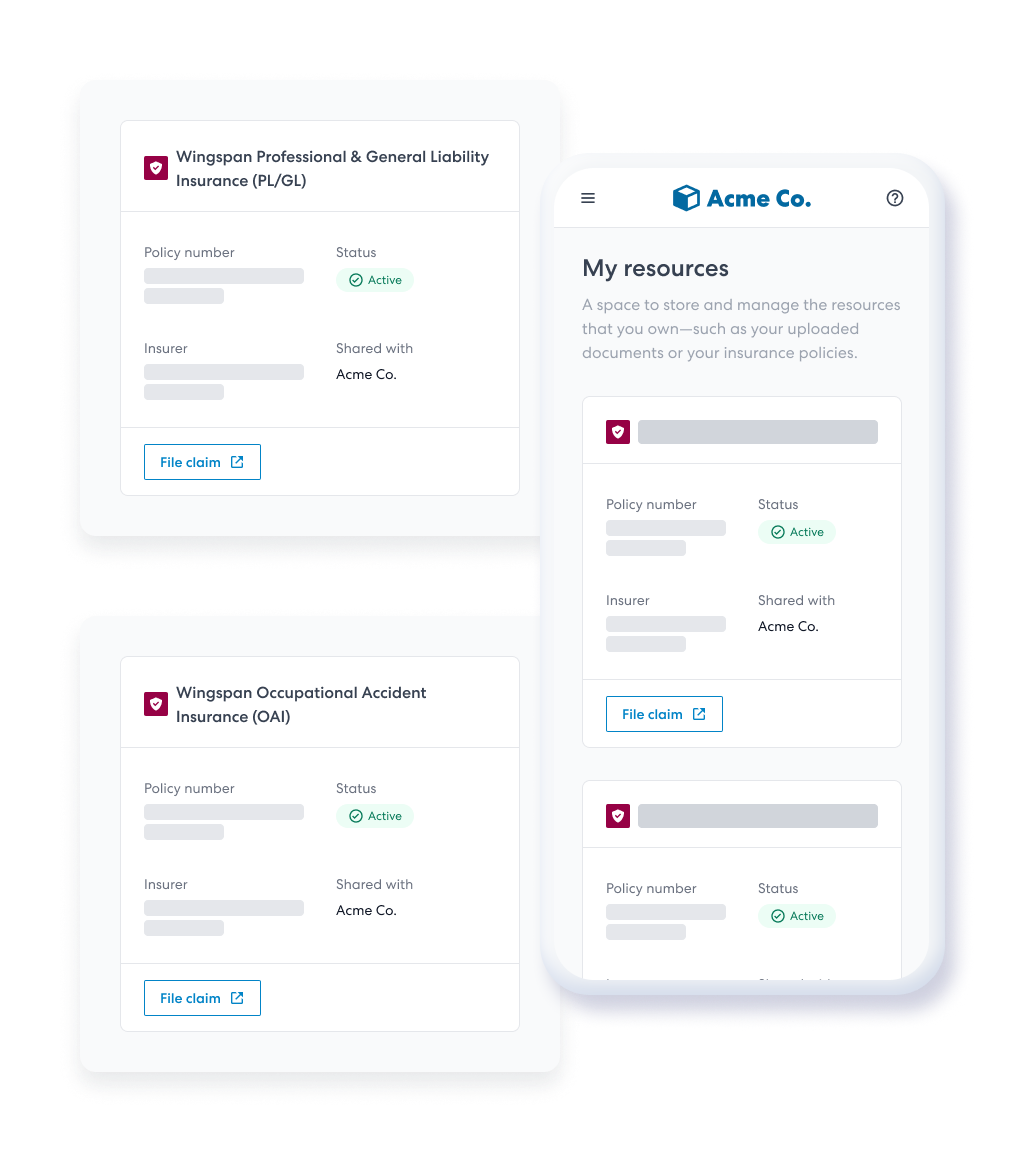 A UI snippet of the 'My resources' portal for Acme Co., showing how insurance policy cards are displayed on both mobile and desktop. Each card shows the policy is active and includes a 'File claim' button.