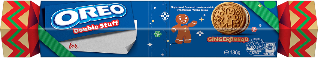 Deck the halls with the OREO Double Stuff Gingerbread Bon Bon 136g. Spiced gingerbread cookies with double vanilla creme—perfect for Christmas sharing!