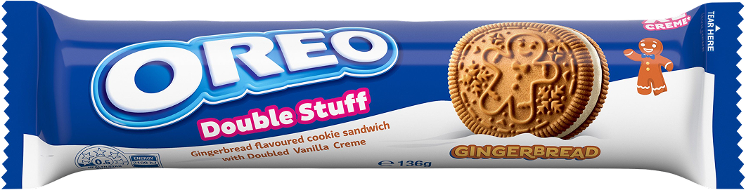 Enjoy the festive season with OREO Double Stuff Gingerbread 136g. Gingerbread flavoured cookies packed with double vanilla creme. Twist, lick, and dunk!