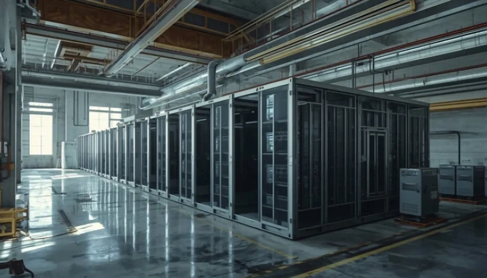 Prefabricated data centre modules lined up inside a factory hall before shipping
