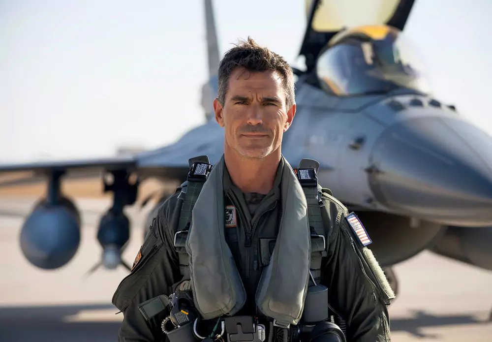 Un hombre con uniforme militar se encuentra frente a un avión de combate.