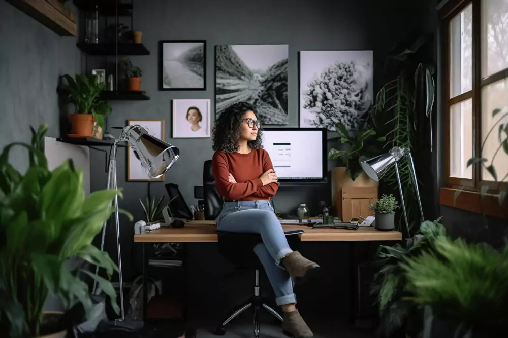 Mujer posando en su espacio de oficina en casa