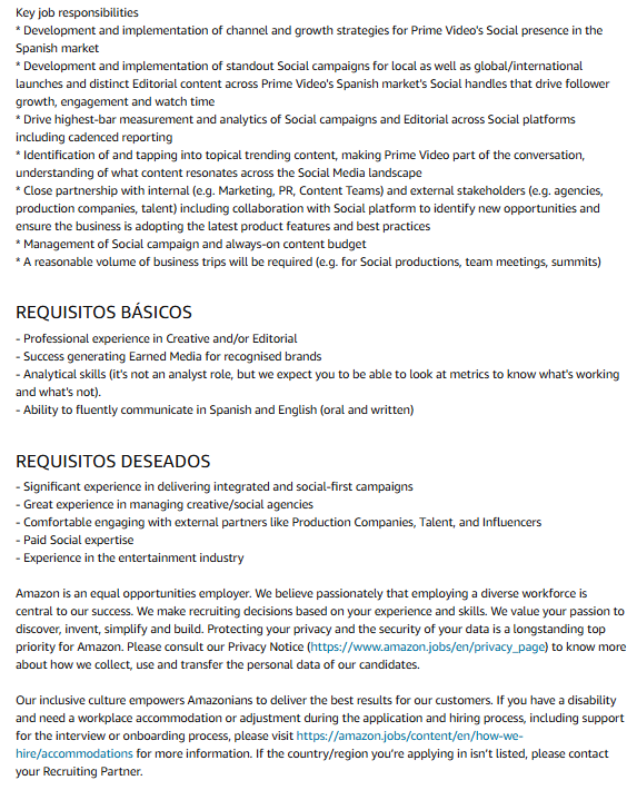 Captura de la descripción de la vacante de social media manager en las oficinas de Amazon en Madrid