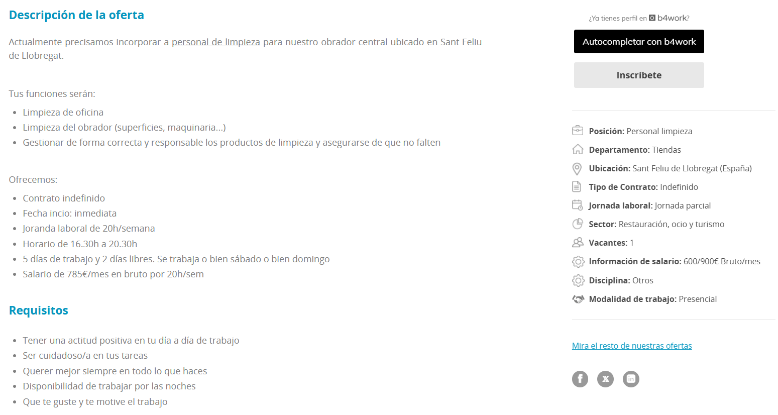 Descripción de empleo de una vacante en Buenas Migas